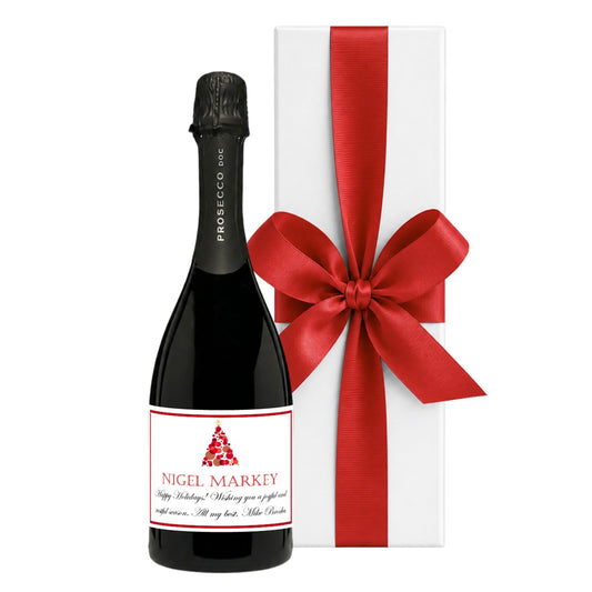 Personalised Christmas Prosecco with festive label and hand-tied bow in a luxury white gift box with large ribbon