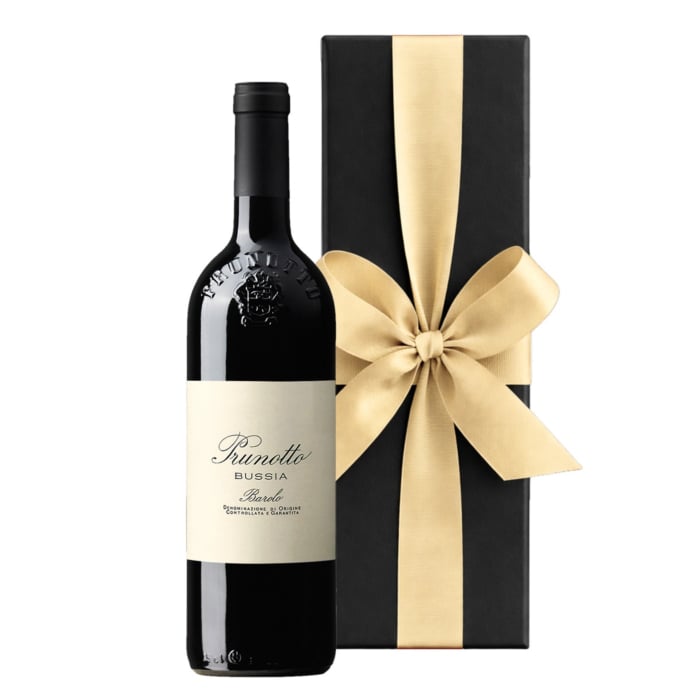 Prunotto Barolo Bussia single vineyard wine in black luxury gift box with ribbon