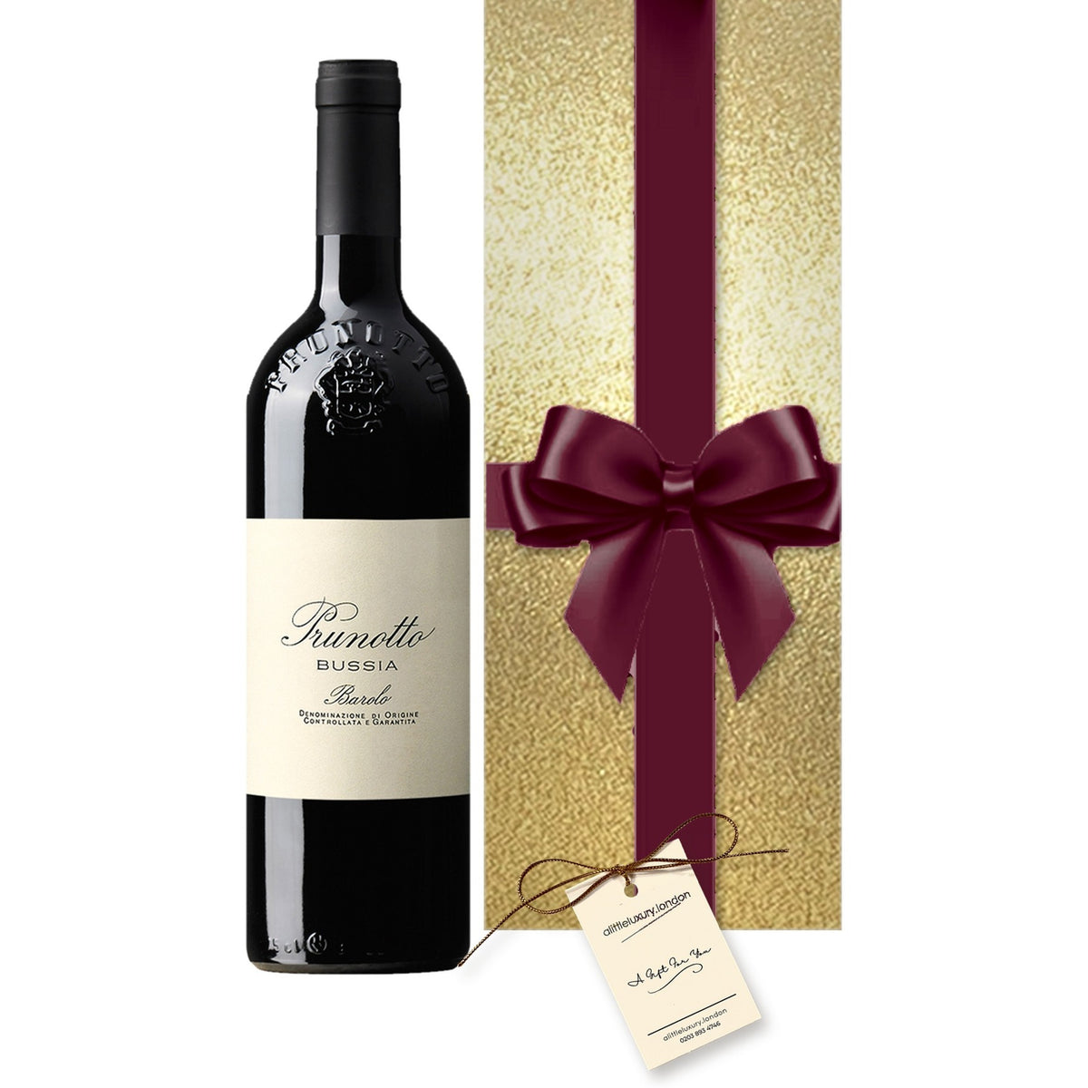 Prunotto Barolo Bussia hand gift-wrapped in Classic Gold wrap with an A Little Luxury gift tag