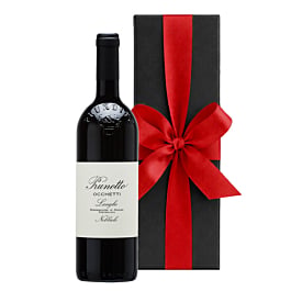 Prunotto Occhetti Langhe Nebbiolo wine in black luxury gift box with ribbon