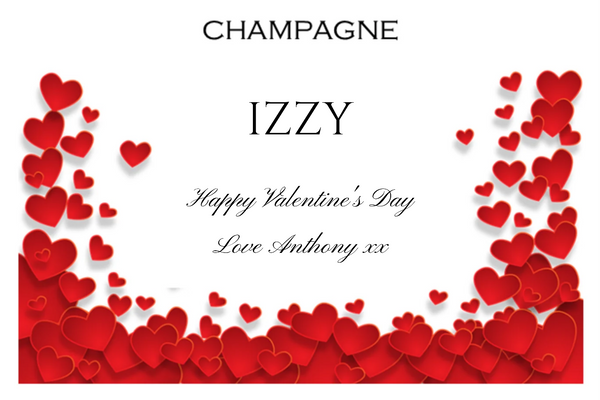 White Valentine's Champagne label framed by a cascade of red hearts with a name and loving script message