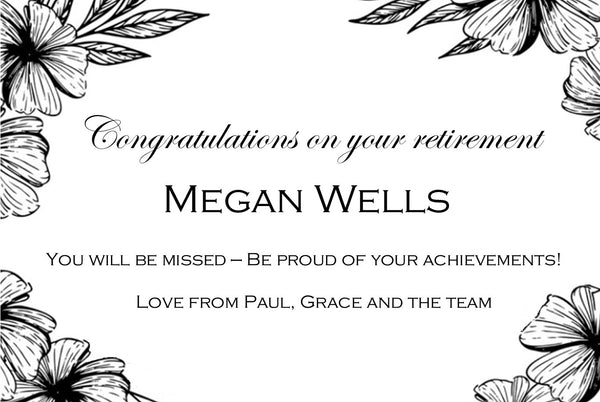 Retirement Champagne label with striking black and white flowers and 'Congratulations on your retirement'