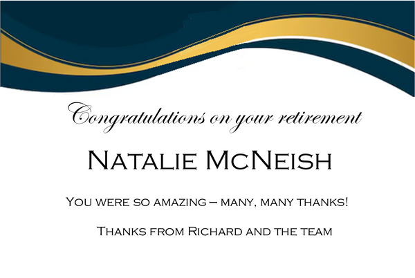 Retirement Champagne label with a sweeping navy and gold wave and 'Congratulations on your retirement'
