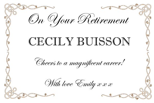 Retirement Champagne label with 'On Your Retirement' in sweeping script inside a fine vine and swirl border