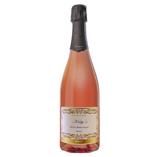 Personalised wedding Rosé Champagne bottle with gold label showing name, date and message — an elegant celebration gift