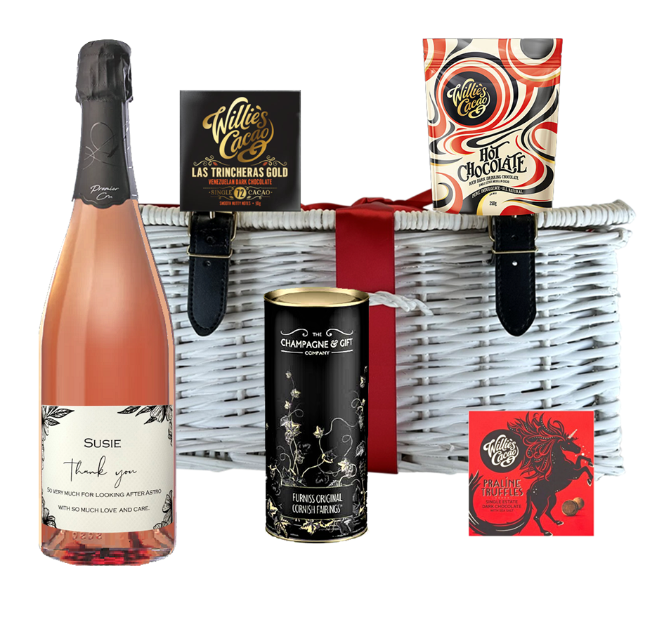 Personalised Premier Cru Rosé Champagne with artisan dark chocolates, biscuits and Swiss truffles in a white wicker hamper