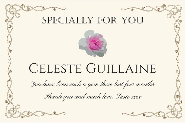 Elegant cream personalised Champagne label with a pink rose and gold vine border, 'Specially For You' and a name