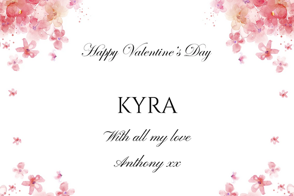 Happy Valentine's Day Champagne label with pink sakura blossom corners and a tender script message