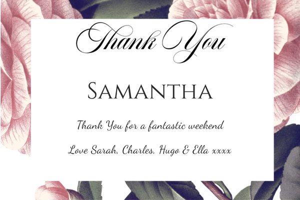 Thank You Champagne label framed by lush pink peonies, a name in capitals and a personal message