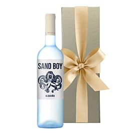 Sand Boy Albarino white wine bottle in a gold presentation box