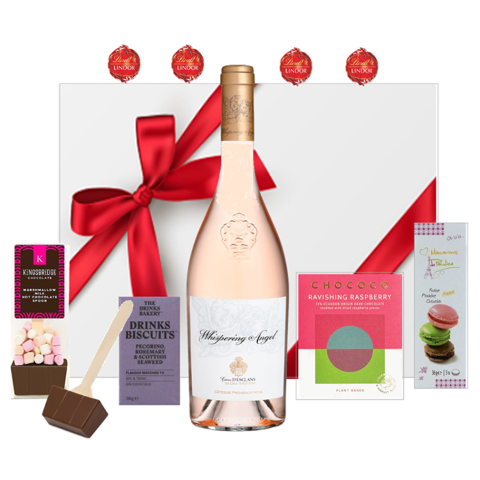 Whispering Angel rose wine hamper with raspberry chocolate, macarons and truffles in a white hand-tied box