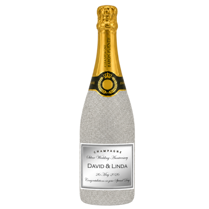 Personalised silver glitter Grande Réserve Champagne label detail