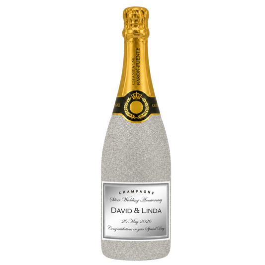 Personalised silver glitter Grande Réserve Champagne label detail