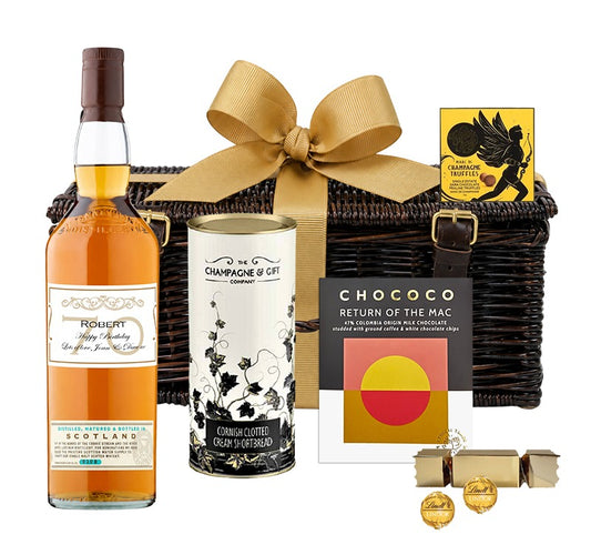 Wicker hamper with a personalised 70cl Tamnavulin Speyside single malt whisky, truffles, shortbread and chocolate
