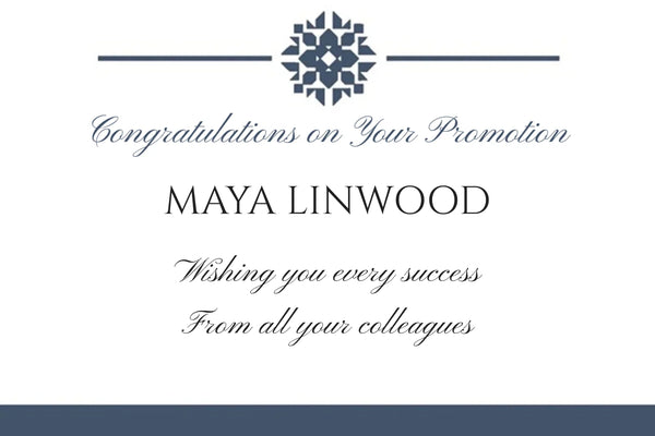 'Congratulations on Your Promotion' Champagne label with a slate flower motif, name and team message