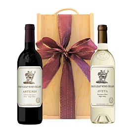 Stag's Leap ARTEMIS Cabernet Sauvignon and AVETA Sauvignon Blanc gift duo in a wooden box with rope handle