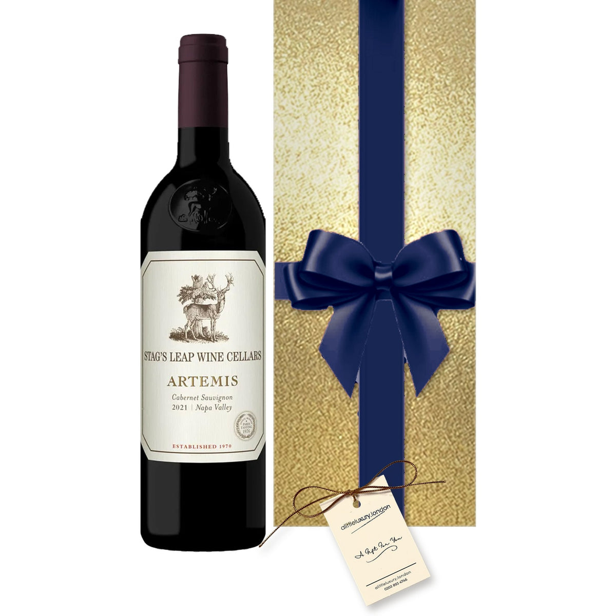 Stag's Leap Artemis Cabernet Sauvignon hand gift-wrapped in Classic Gold wrap with an A Little Luxury gift tag
