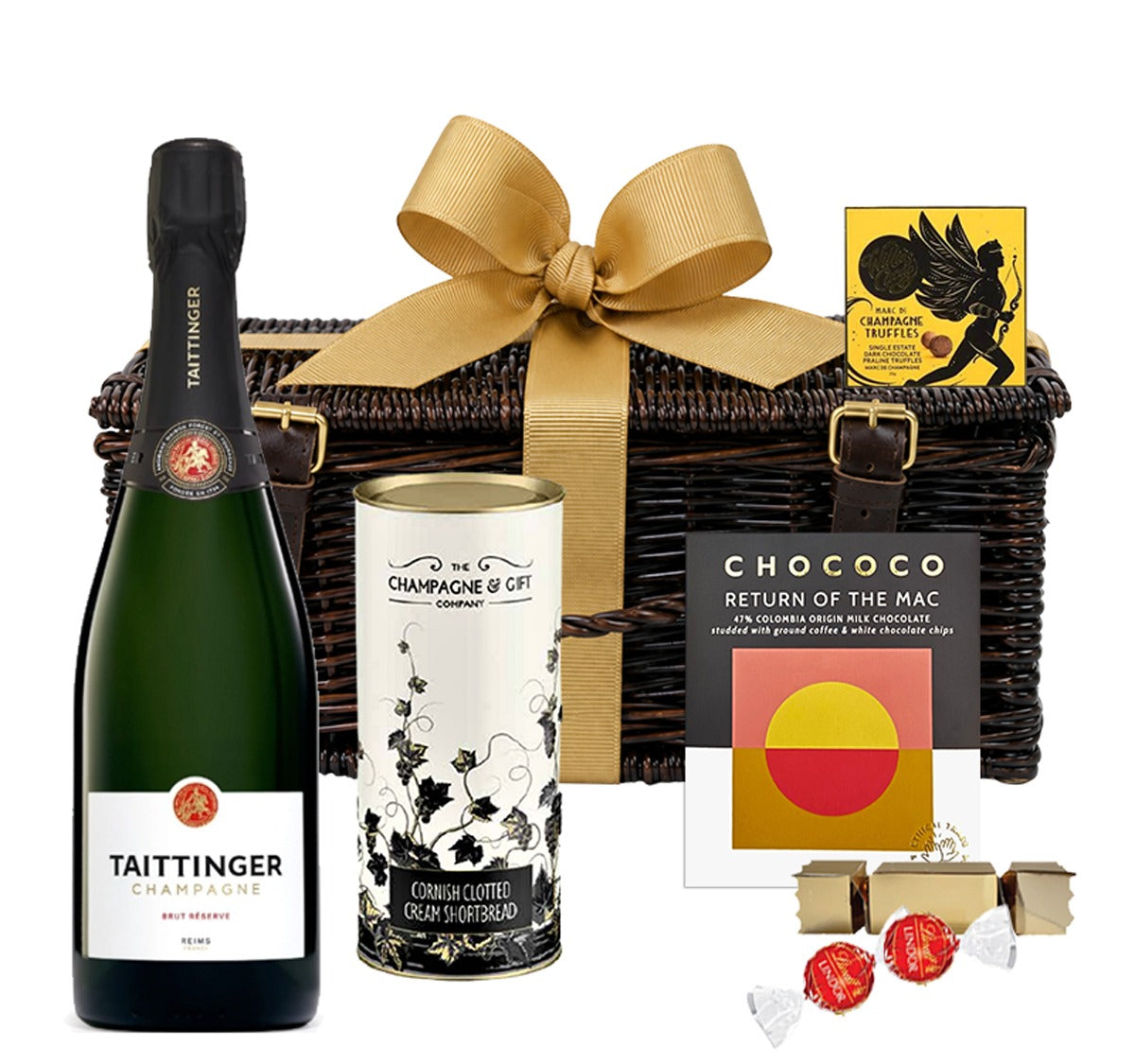 Personalised Taittinger Brut Réserve Champagne with Champagne truffles and a Colombian chocolate bar, hand-tied with a bow