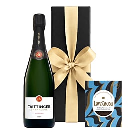 TAITTINGER Brut Reserve Champagne in Black Gift Box with Maldon Sea Salt Chocolate Bar