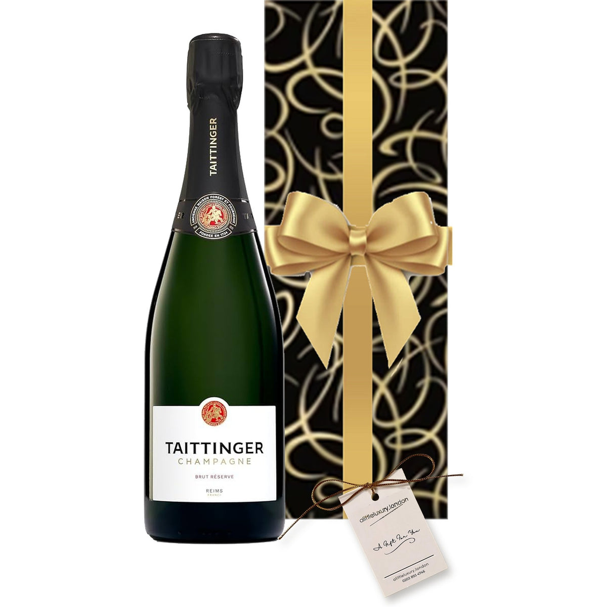 Taittinger Brut Réserve Champagne hand gift-wrapped in Smart Black & Gold Swirl wrap with an A Little Luxury gift tag