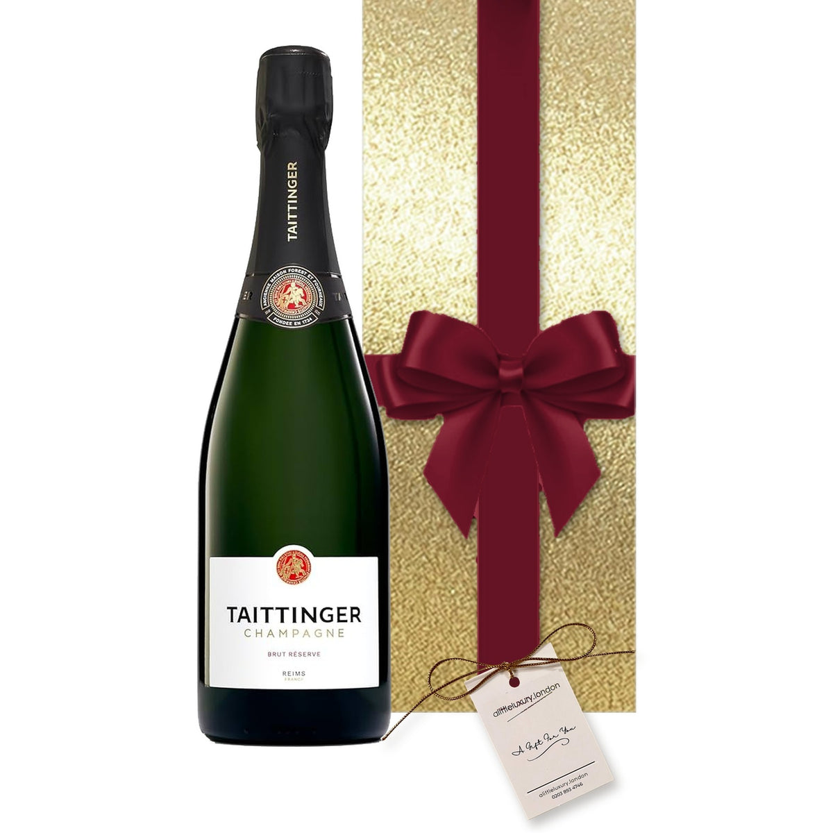Personalised Taittinger Brut Réserve Champagne gift-wrapped in Classic Gold wrap with an A Little Luxury gift tag