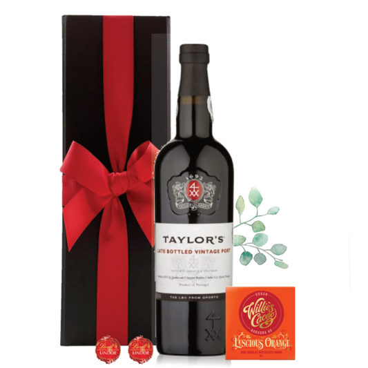 Taylor's Late Bottled Vintage Port and chocolates gift set in a black presentation box
