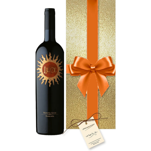 Tenuta Luce 2020, Montalcino hand gift-wrapped in Classic Gold wrap with an A Little Luxury gift tag