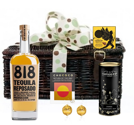The must-have tequila hamper - wicker hamper with 818 Reposado tequila, crushed coffee chocolate, Venezuelan champagne truffles and chocolate biscuits