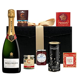 Bollinger Special Cuvee Champagne thank you hamper with biscuits, nuts, chocolate, preserve and tea