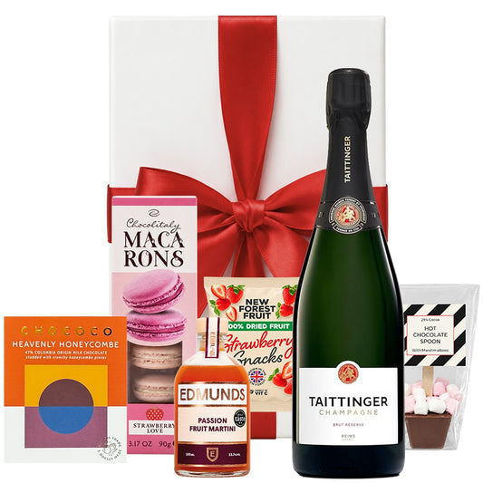 Christmas hamper with personalised Taittinger Champagne, passion fruit martini and sweet treats in a white gift box