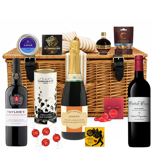 Wicker hamper with personalised Champagne, Château Cissac, Taylor's port, Chambord, caviar, chocolates and shortbread