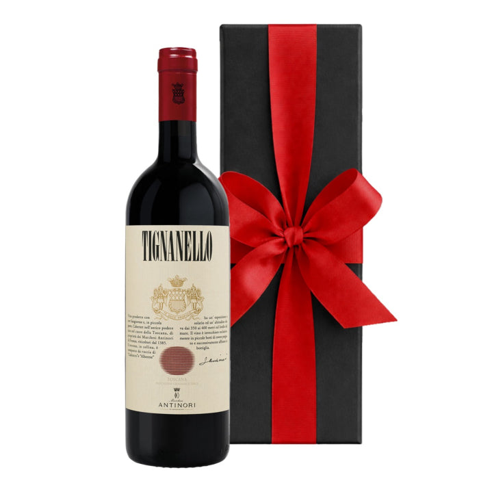 Tignanello 2023 Antinori Super Tuscan wine in black luxury gift box with ribbon