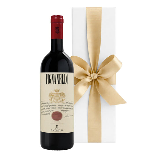 Tignanello 2023 Antinori Super Tuscan wine in white luxury gift box with ribbon
