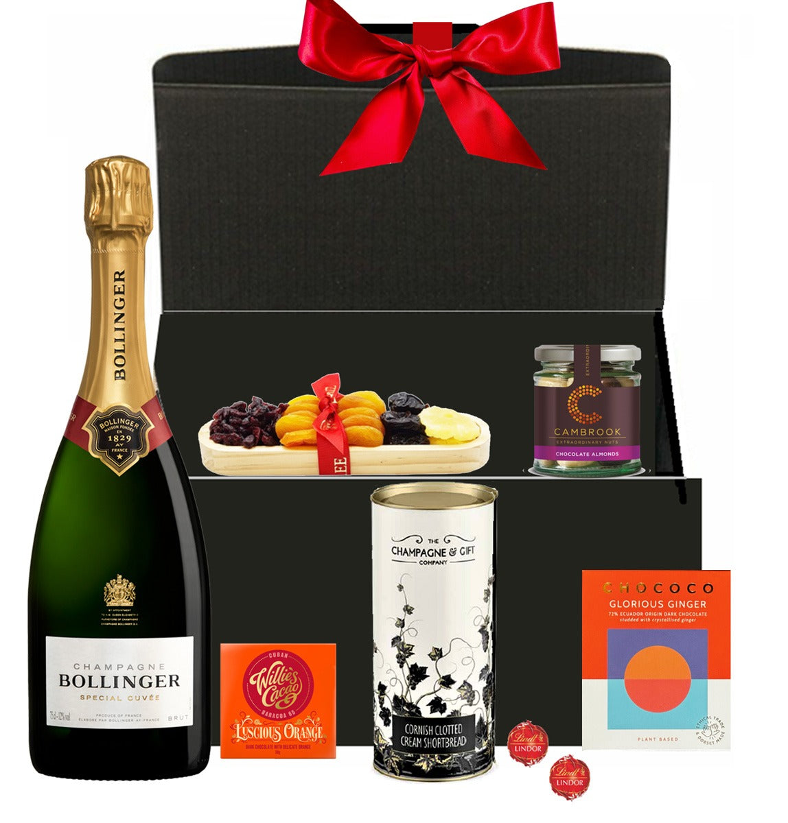 Tis The Season Christmas hamper with Bollinger Special Cuvée Champagne, chocolates, truffles, biscuits, treats, and goodies in a luxury gift box and beautifully finished with a large hand-tied red bow