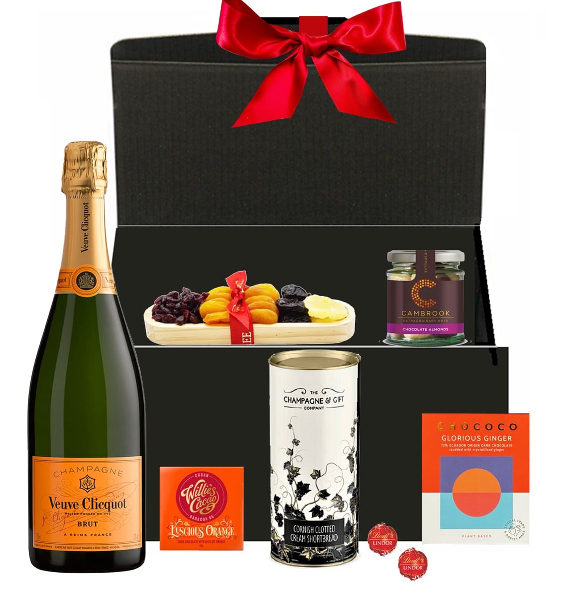 Christmas hamper with Veuve Clicquot Yellow Label Champagne, chocolates, truffles, biscuits and treats in a luxury gift box