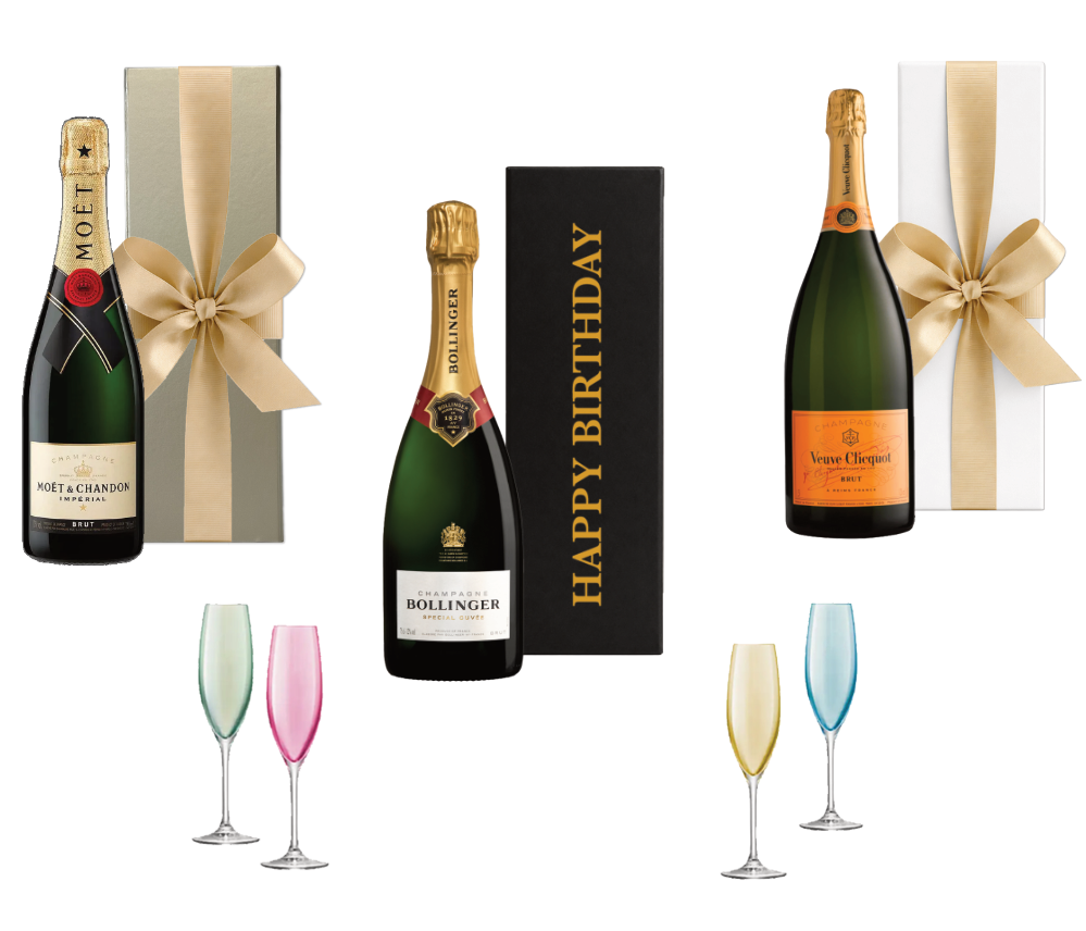 Moët & Chandon, Bollinger and Veuve Clicquot Champagne gift boxes with gold ribbons and coloured flutes