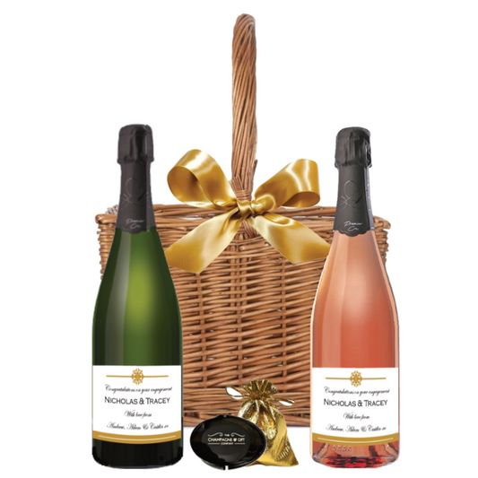 Personalised duo champagne gift set in wicker carrier
