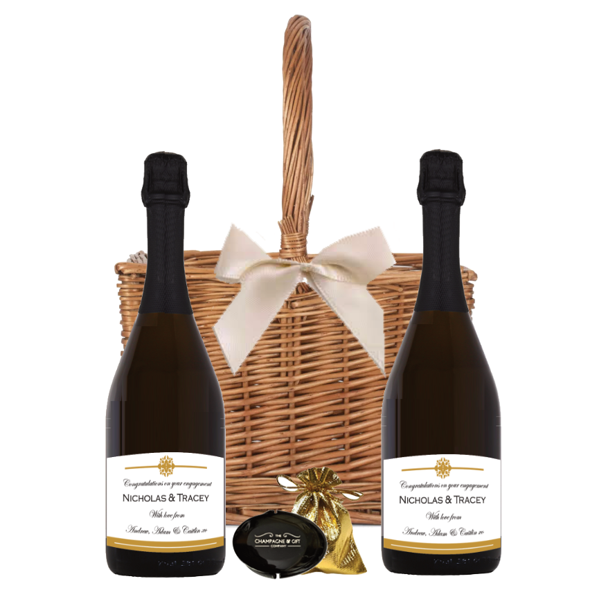 Personalised Prosecco Duo & Bottle Stopper, Wicker Carrier