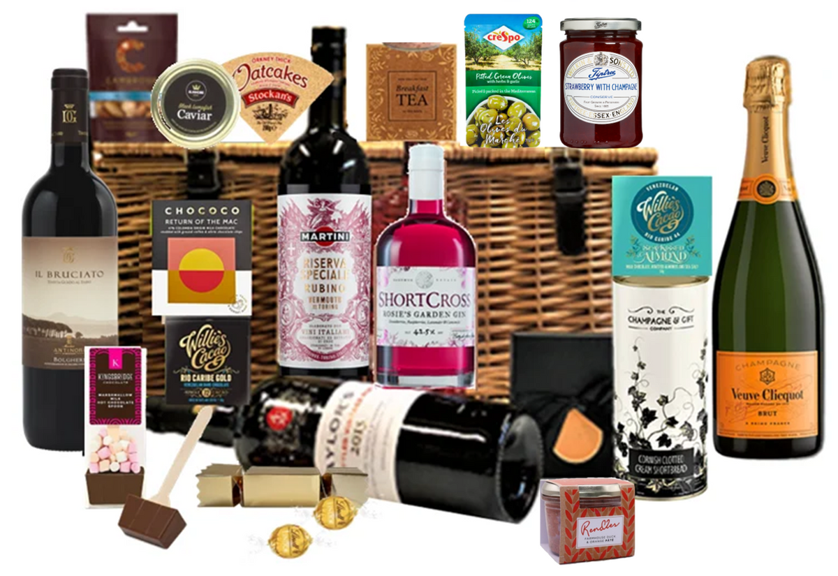 The ultimate Drinks Discovery Hamper - deluxe wicker hamper with Champagne, fine wine, port, gin, a martini blend, chocolate, luxury savouries, sweet biscuits, goodies & treats