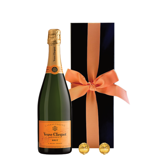 Simple but Elegant Gift of Veuve Clicquot with Swiss Truffles Taster in Black Gift Box Wiht Hand-tied Bow