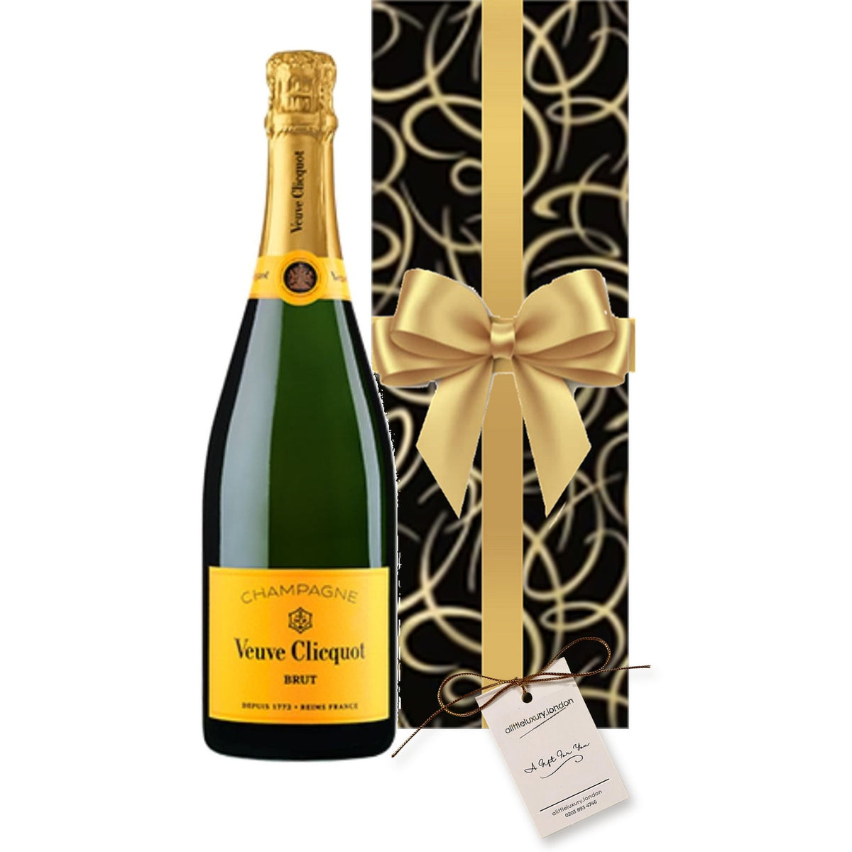 Veuve Clicquot Yellow Label Champagne hand gift-wrapped in Smart Black & Gold Swirl wrap with an A Little Luxury gift tag
