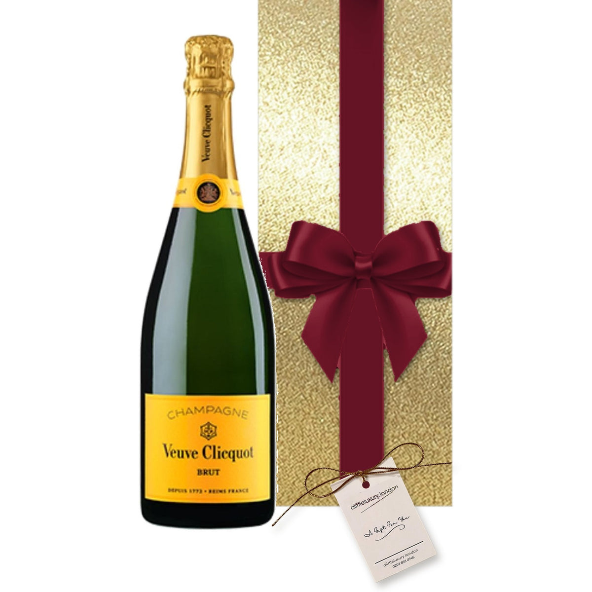 Veuve Clicquot Yellow Label Champagne hand gift-wrapped in Classic Gold wrap with an A Little Luxury gift tag