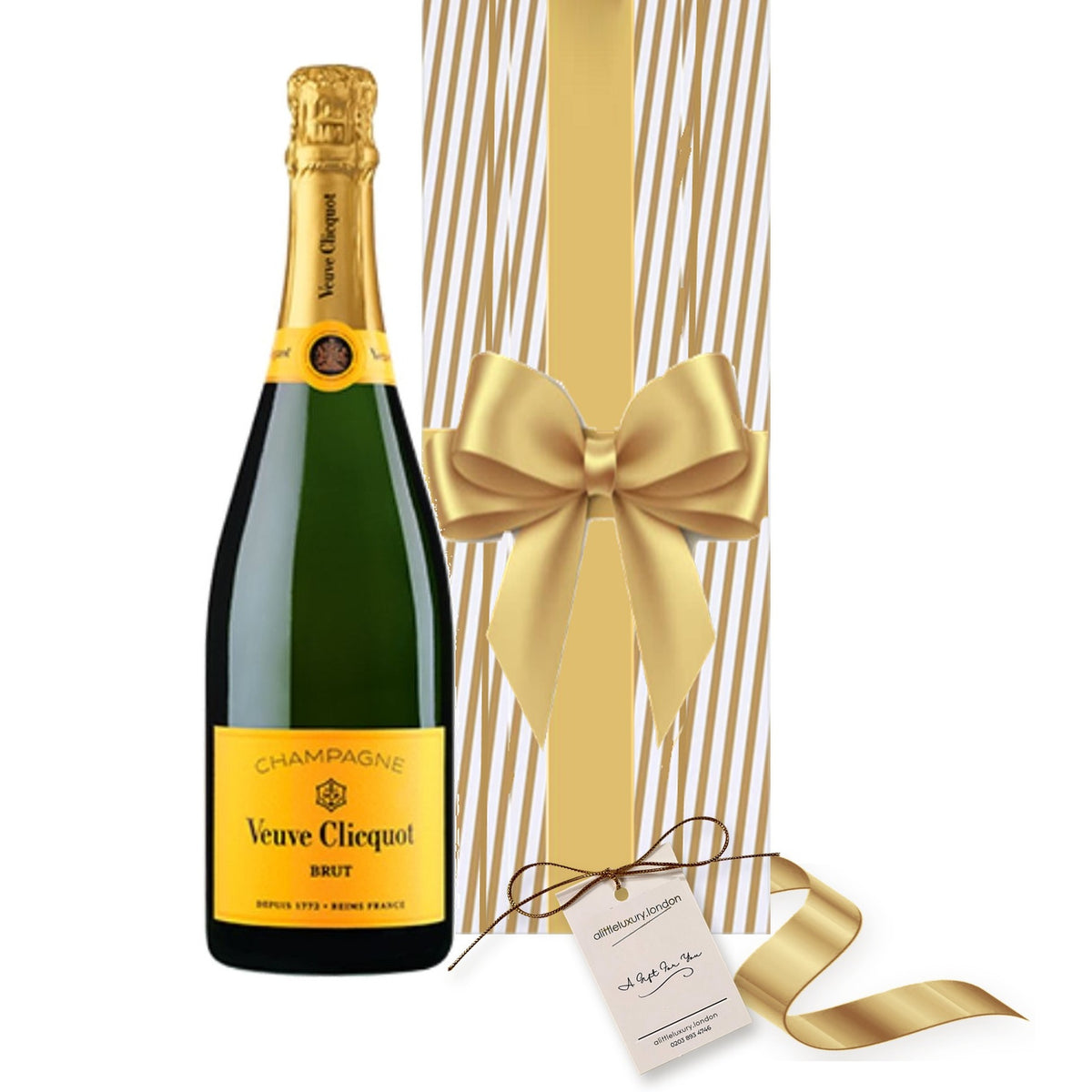 Veuve Clicquot Yellow Label Champagne hand gift-wrapped in Classic Gold Stripe wrap with an A Little Luxury gift tag