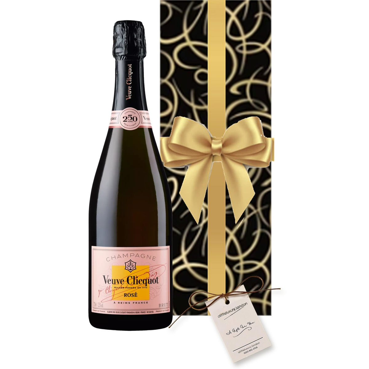 Veuve Clicquot Rosé Champagne gift-wrapped in Smart Black & Gold Swirl wrap with an A Little Luxury gift tag