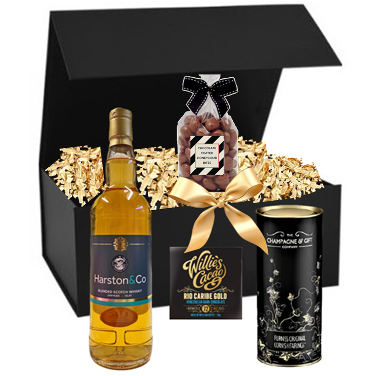 Whisky Time hamper with a personalised single malt Speyside whisky, honeycomb bites, cookies and Venezuelan chocolate