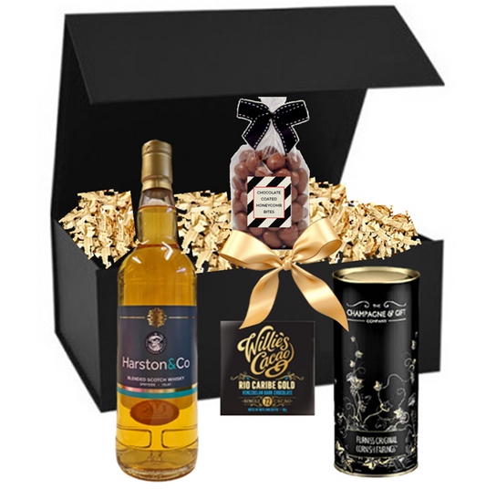 Whisky Time hamper with a personalised single malt Speyside whisky, honeycomb bites, cookies and Venezuelan chocolate