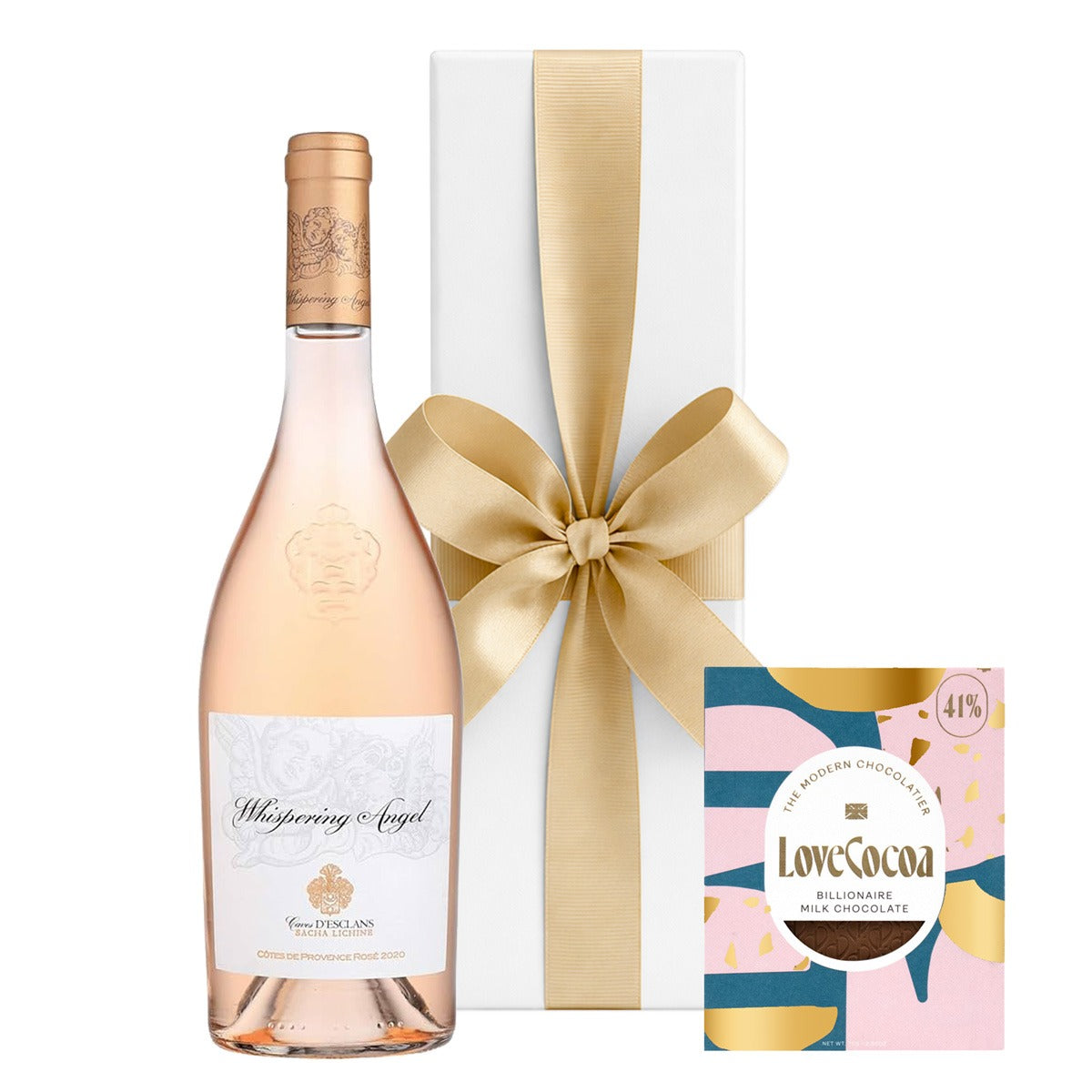 Whispering Angel Provence rosé with a Love Cocoa Billionaire chocolate bar in a luxury white gift box with hand-tied ribbon