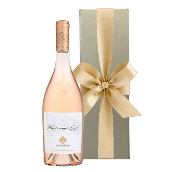Whispering Angel Provence rosé wine bottle in a gold presentation box