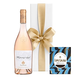 Whispering Angel Provence rosé wine with Maldon sea salt chocolate bar in a white gift box