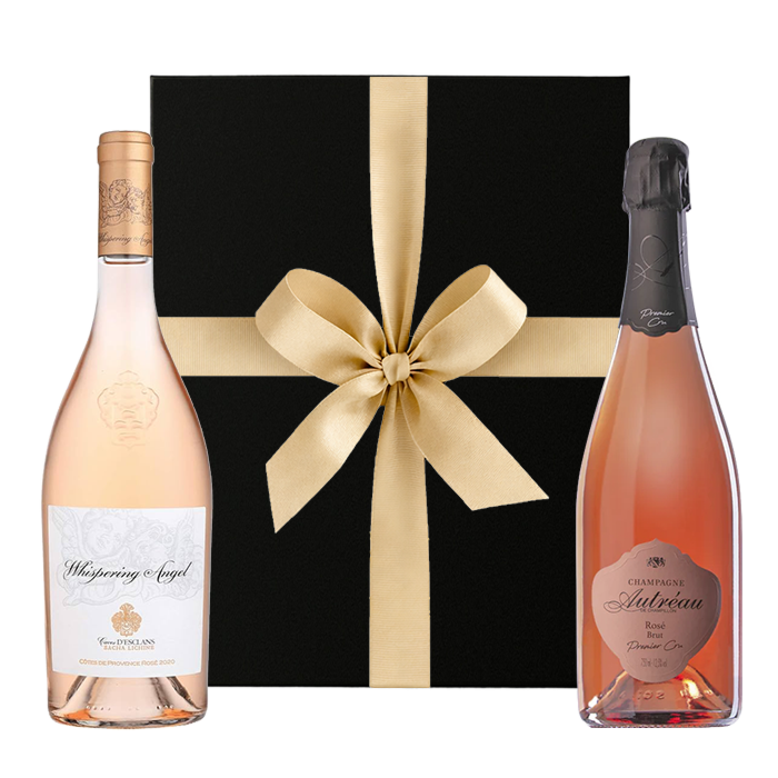 The Rosé Duo gift set with Whispering Angel rosé wine and Premier Cru rosé Champagne in a black box